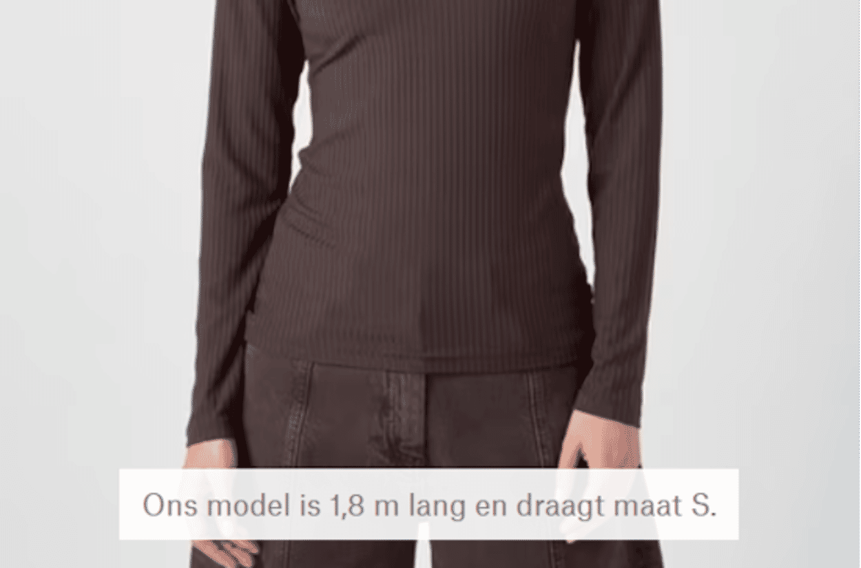 Weergave van informatie over de maten van het model en de gedragen confectiemaat op een afbeelding van een model