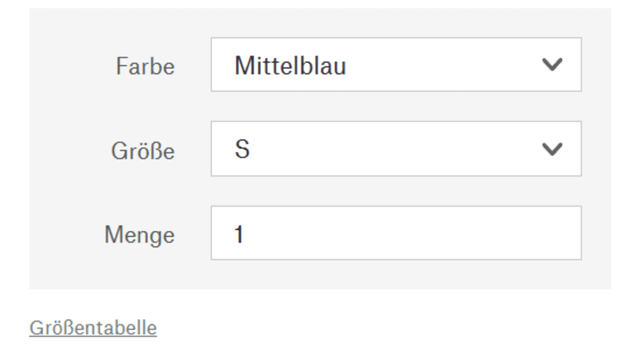 Ansicht des Links zur Größentabelle auf der Produktdetailseite