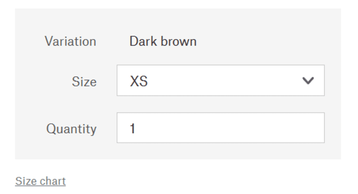 View of the link to the size chart on the product detail page