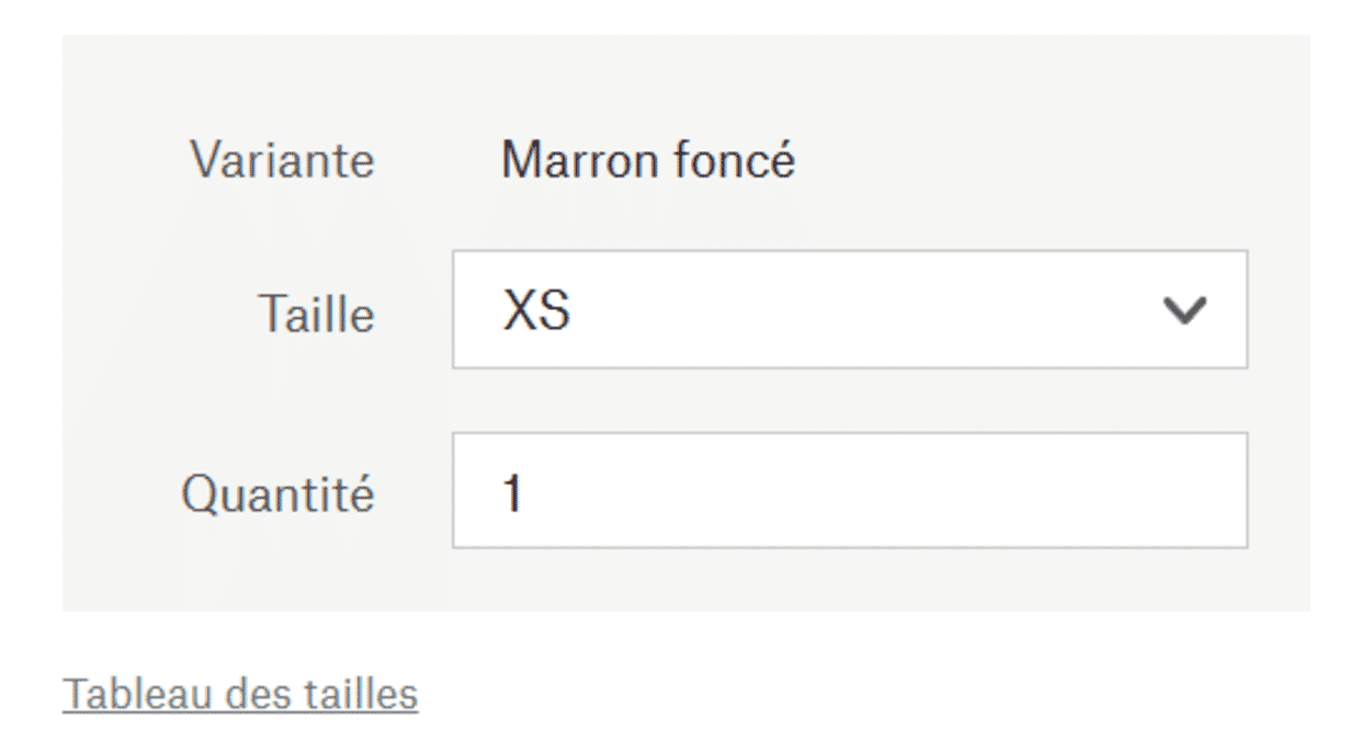 Aperçu du lien vers le tableau des tailles sur la page de détails du produit