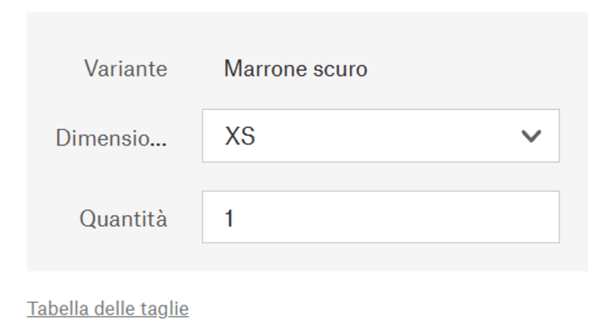 Visualizzazione del link alla tabella delle taglie nella pagina dei dettagli del prodotto
