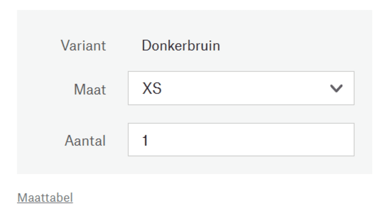 Weergave van de link naar de maattabel op de productdetailpagina