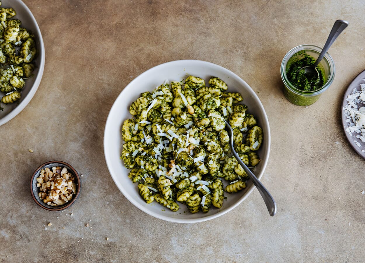 Homemade pasta with kale pesto