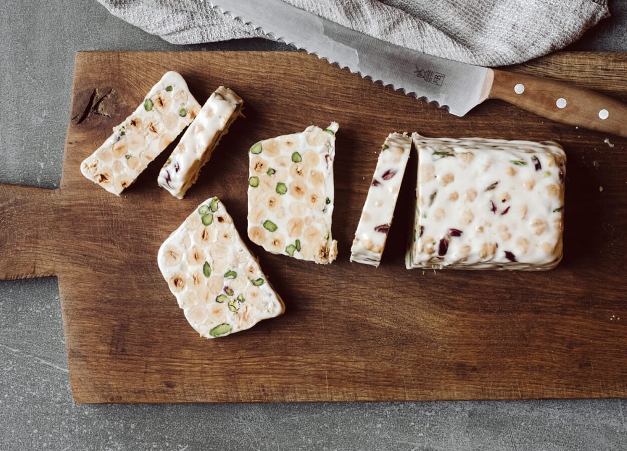 Lavender torrone with hazelnuts and pistachios