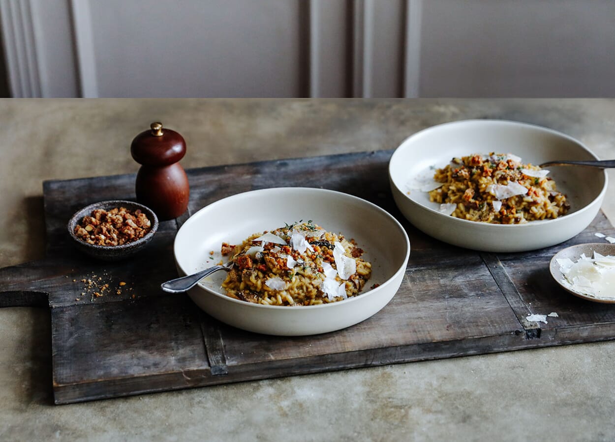 Mushroom risotto with chorizo crunch