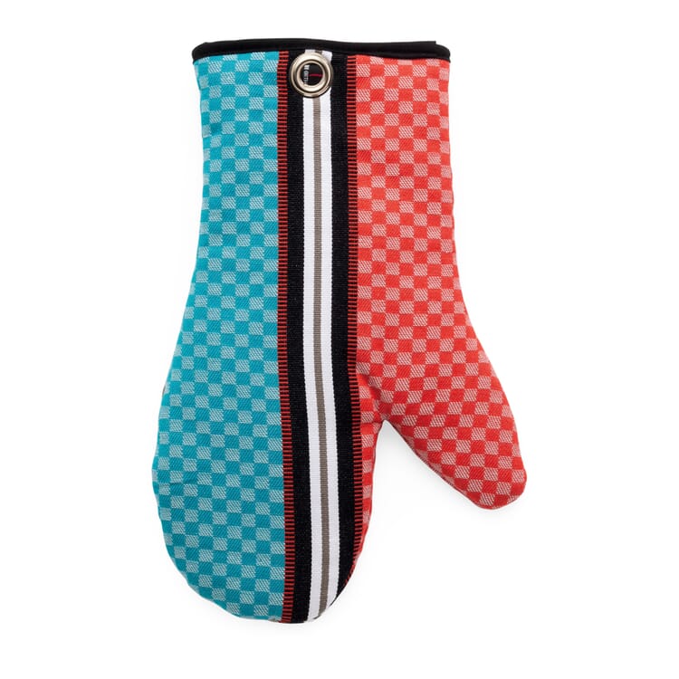 Oven Glove Chequers, Coral / Blue