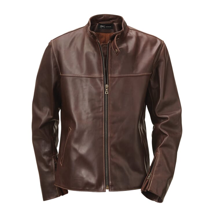 Pull-Up Leather Jacket with Stand-Up Collar, Dark brown