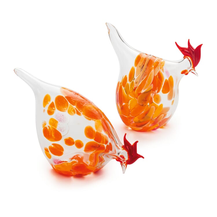 Lauscha Glass Chickens with Coloured Granules, Orange-Red