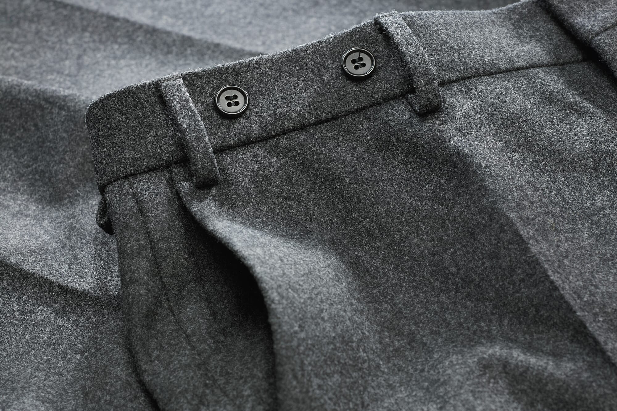 Rota Higher-rise mid grey wool flannel trousers with side tabs (restock) –  No Man Walks Alone