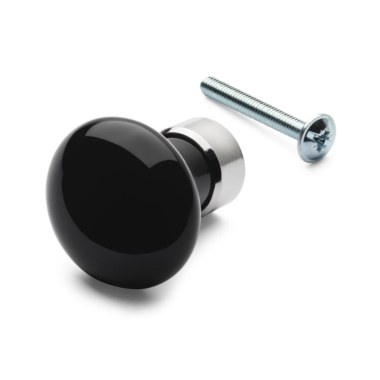 Pomo de porcelana para muebles redondo, Negro con base de latón niquelado