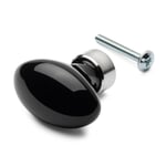 Oval Drawer Knob Made of Porcelain With brass base nickel-plated Black with Nickel-Plated Brass Base