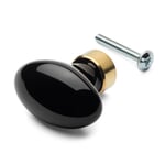 Oval Drawer Knob Made of Porcelain With brass base Black with Uncoated Brass Base