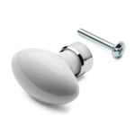 Oval Drawer Knob Made of Porcelain With brass base nickel-plated White with Nickel-Plated Brass Base
