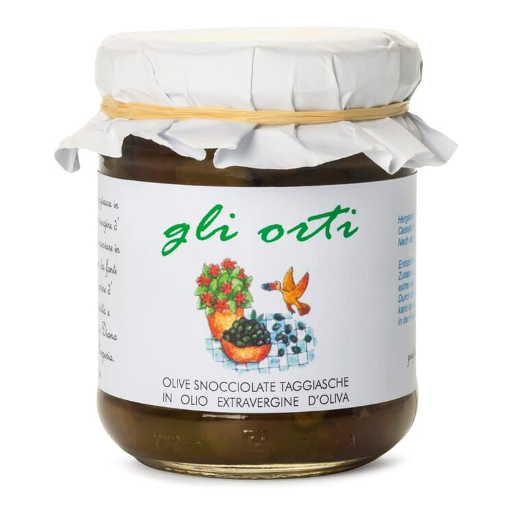 Udstenede Taggiasca-oliven i olivenolie