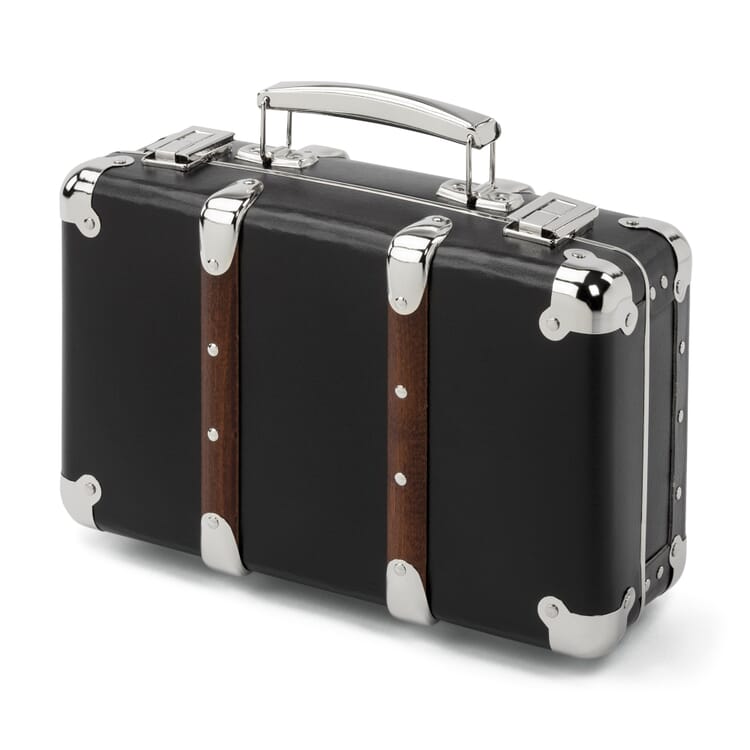 Black cardboard case with wooden strips