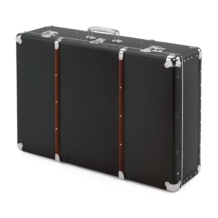 Black cardboard case with wooden strips