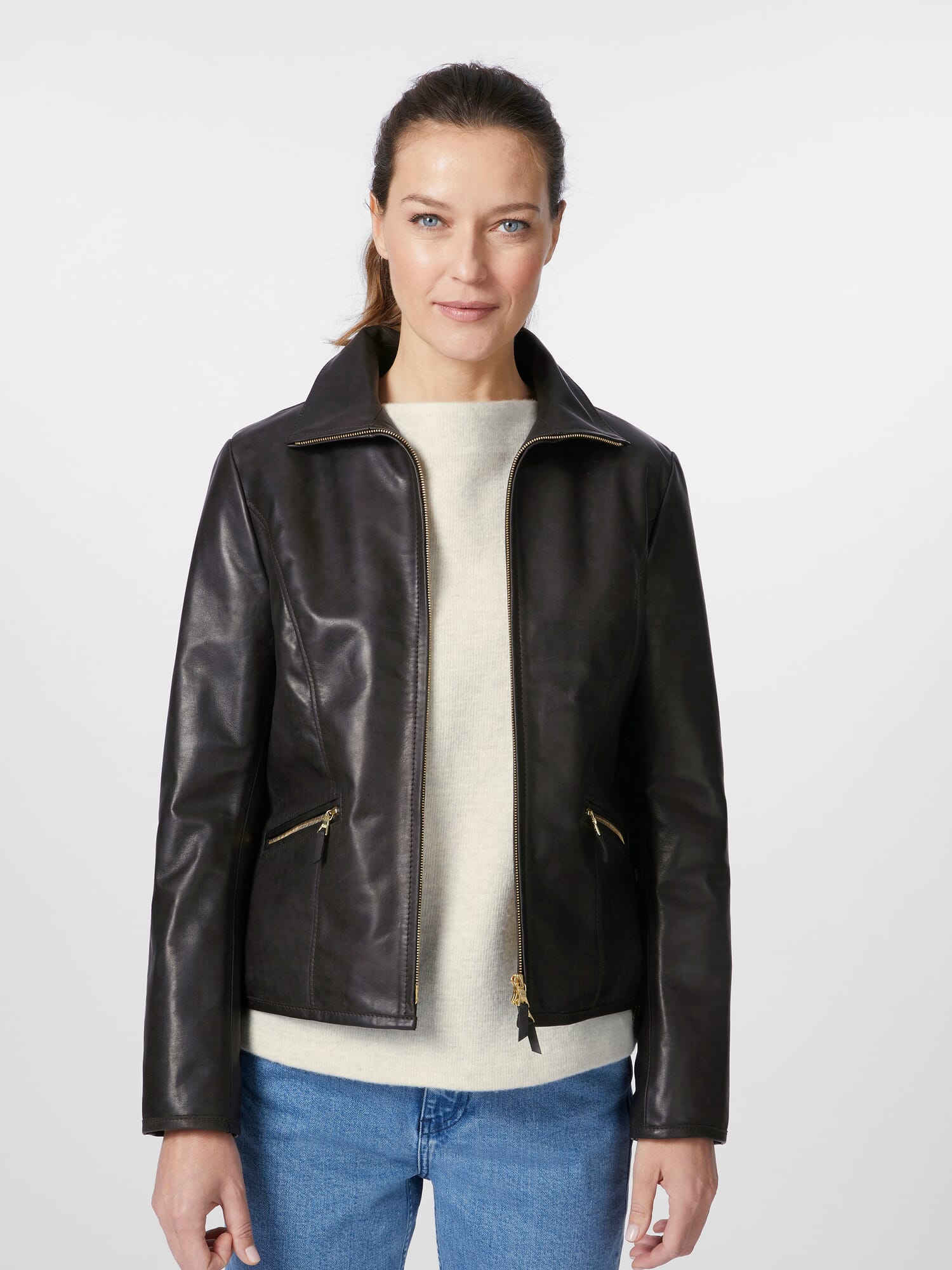 Veste de roadster pour femme en cuir de cheval Marron noir Manufactum
