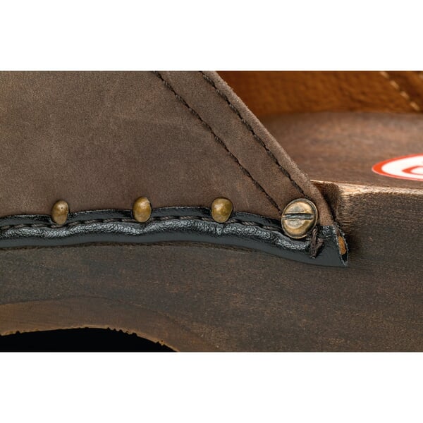 Wooden shoe nubuck Dark brown, close-up