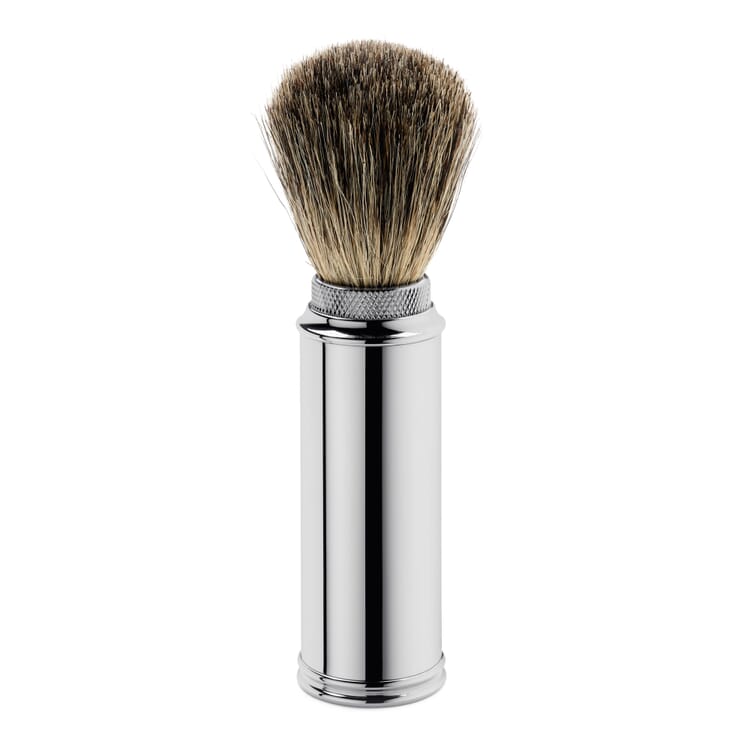 Travel shaving brush brass nickel plated, Badger hair trim