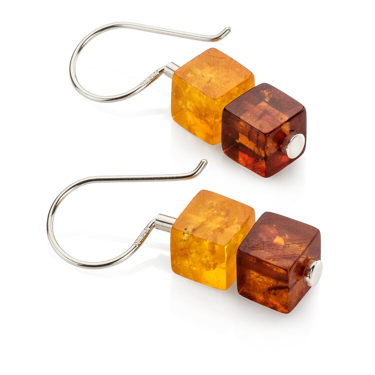 Earrings amber cubes, Brown tones