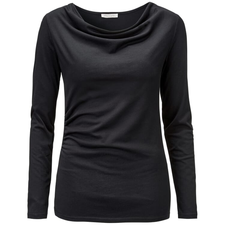 Women’s Long-Sleeved T-Shirt with Draped Neckline Cascade, Black