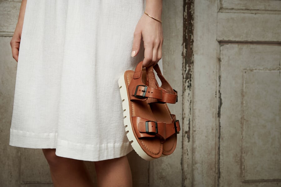 Women’s Leather Sandals Cognac, presented on a model