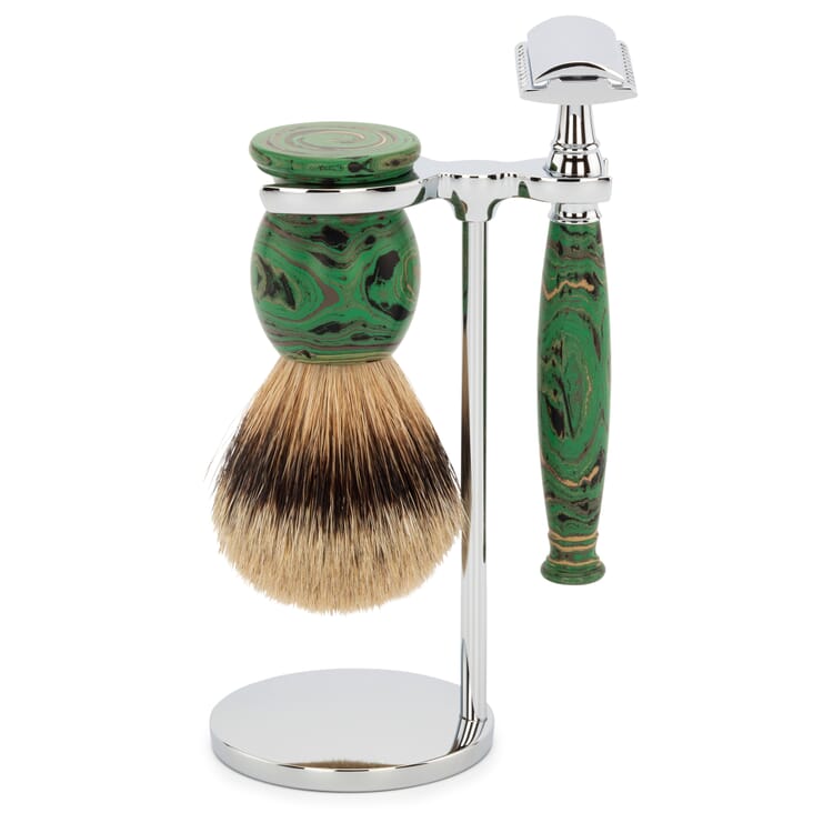 Shaving Gear Set Badger Hair Shaving Brush and Ebonite Straight Razor with Stand, Green-Marbled