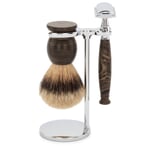 Set shaving brush badger hair and razor ebonite with stand Black marbled