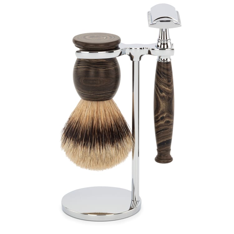 Sæt med barberkost af grævlingehår og barberkniv af ebonit med stativ