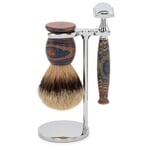 Shaving Gear Set Badger Hair Shaving Brush and Ebonite Straight Razor with Stand Red-Marbled