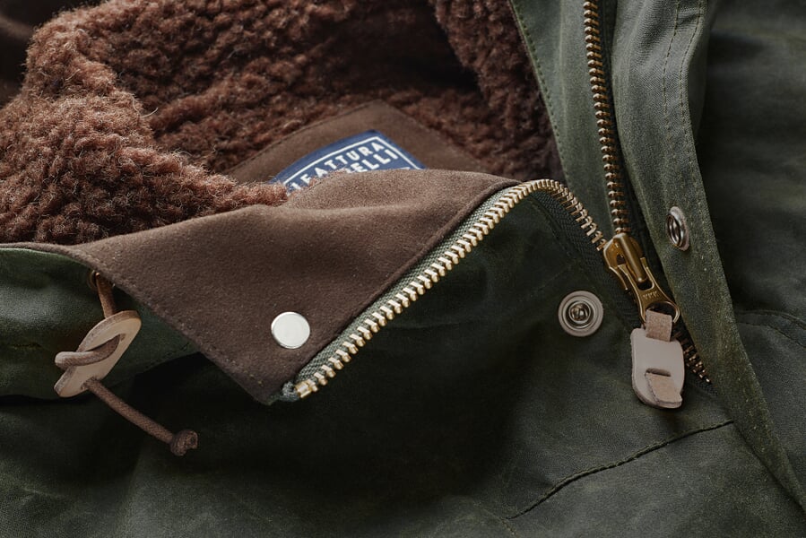 Herren-Baumwolljacke gewachst Dunkelgrün, Detailsicht