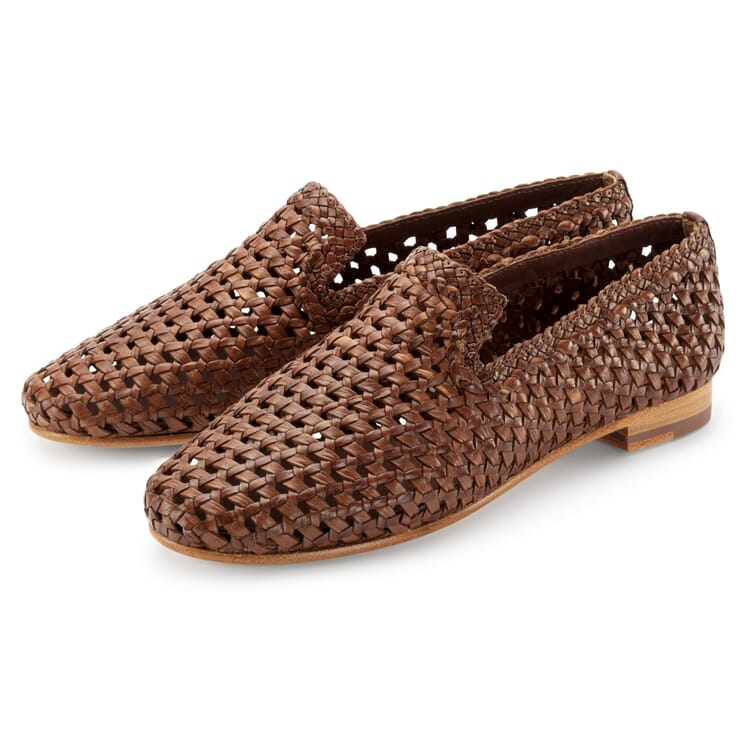 Ladies leather loafers braided, Brown