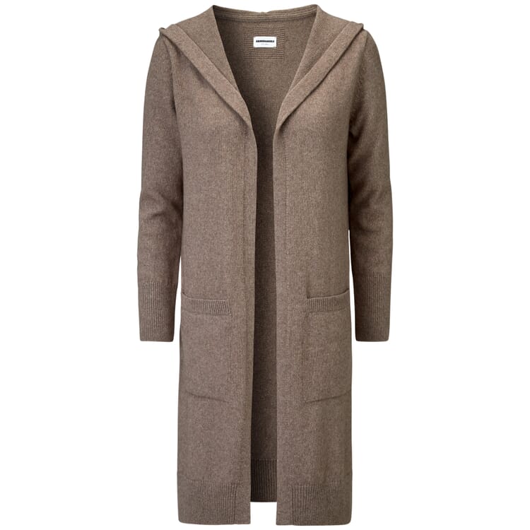 Ladies long cardigan with hood, Medium brown