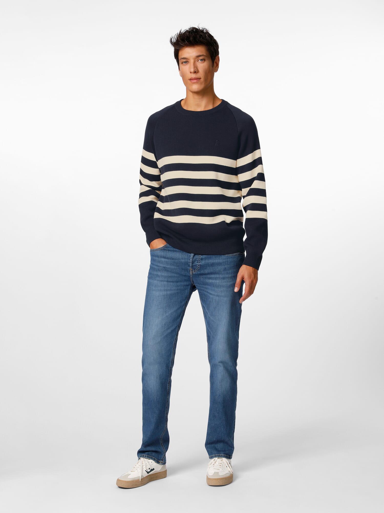 Herrenpullover mit Streifen, Dunkelblau-Natur | Manufactum