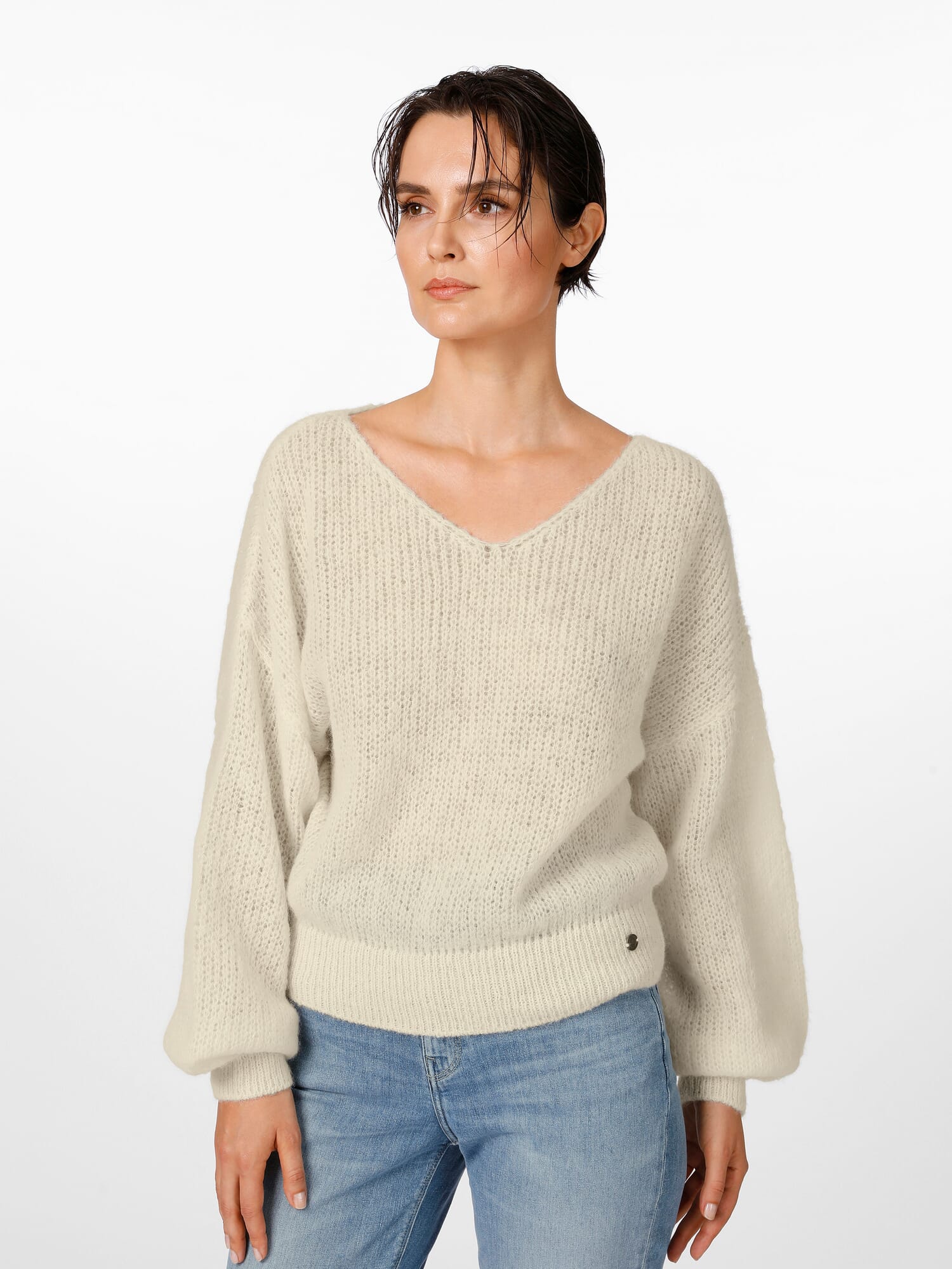 Ladies cream shop v neck jumper