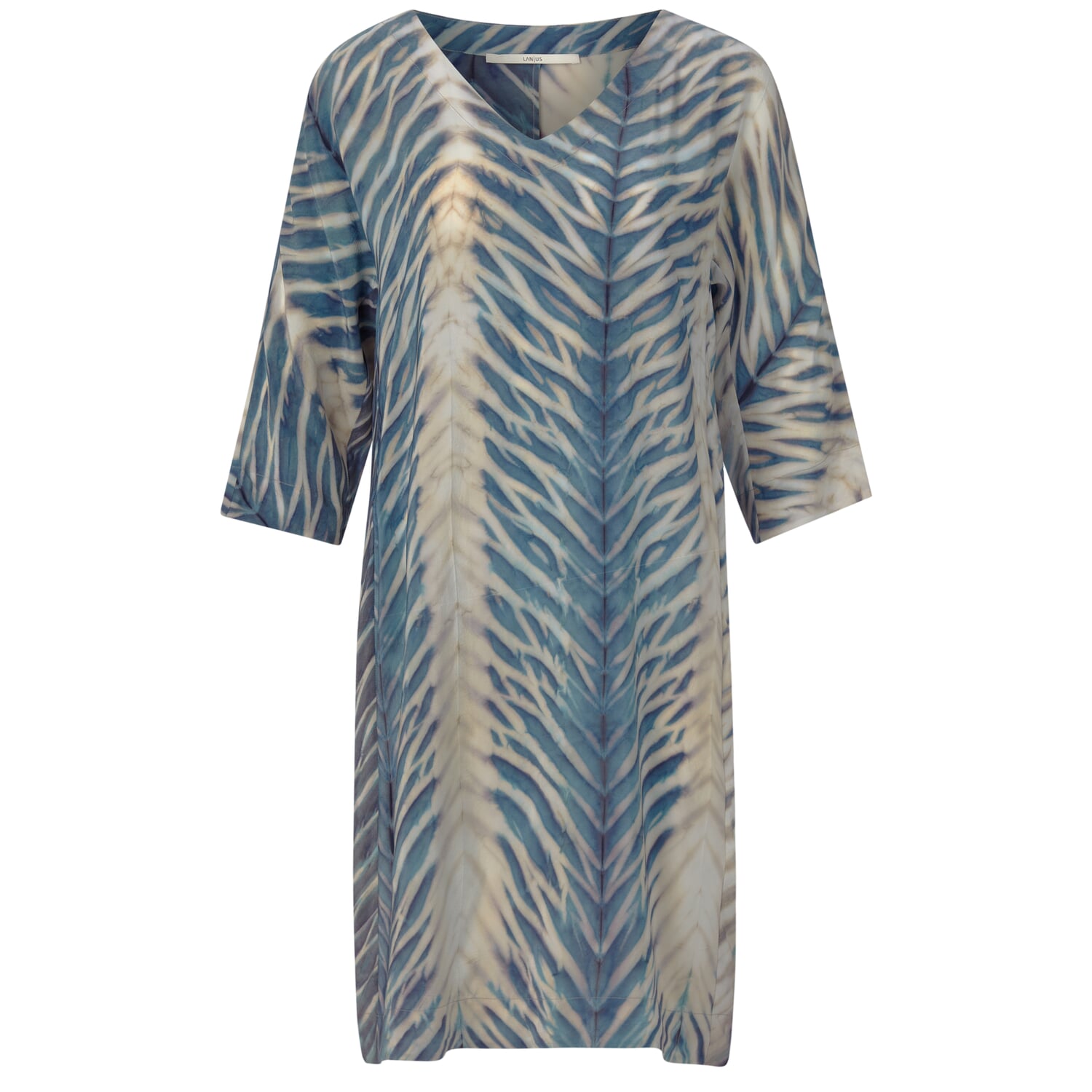 Dames zijden jurk met print, Blauw-crème Manufactum