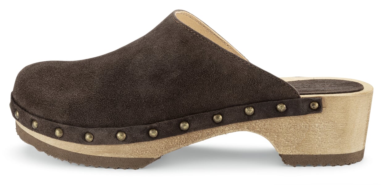 Ladies wooden clog suede leather Dark brown