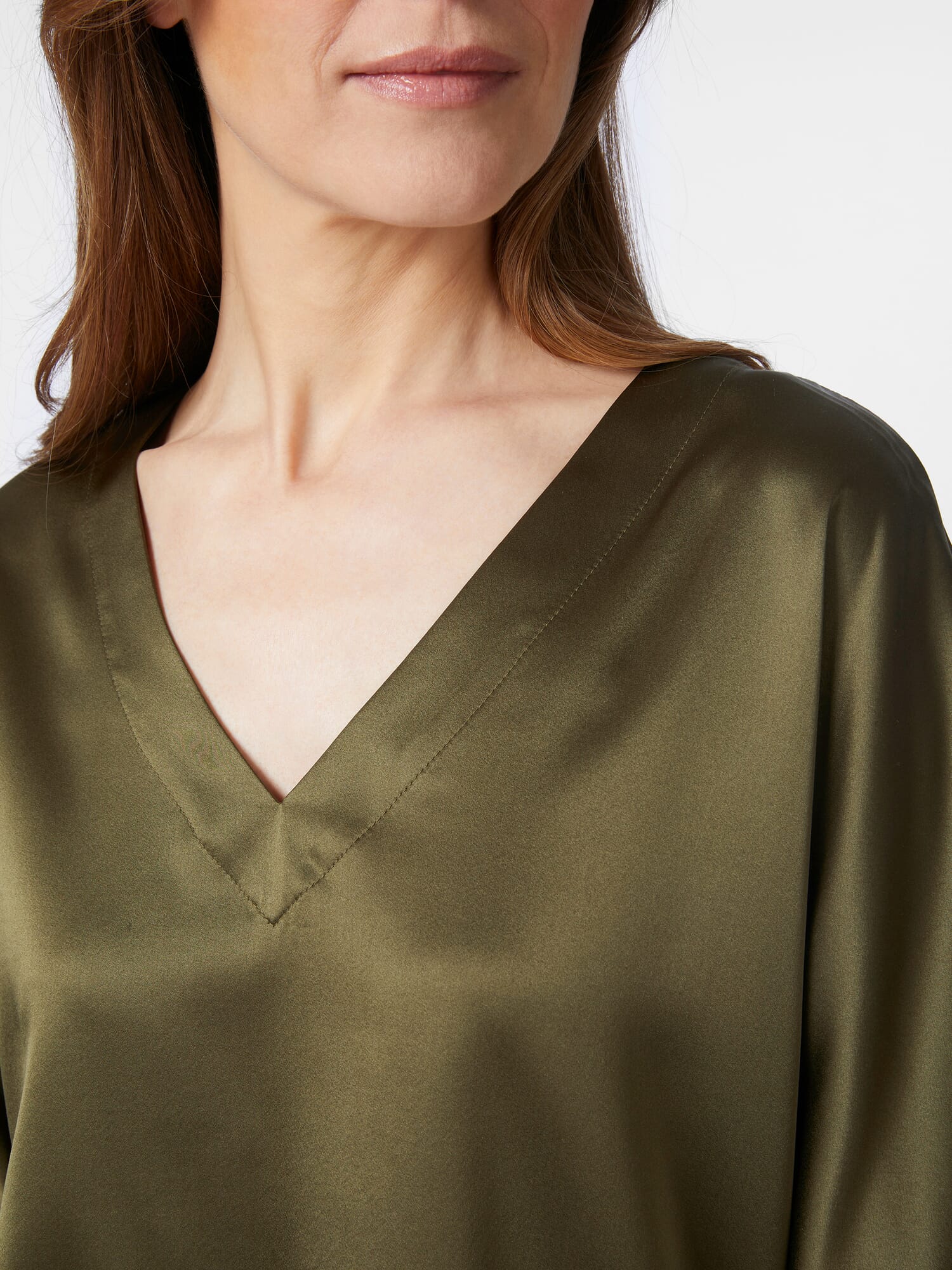 Ladies silk satin V neck blouse Olive Manufactum