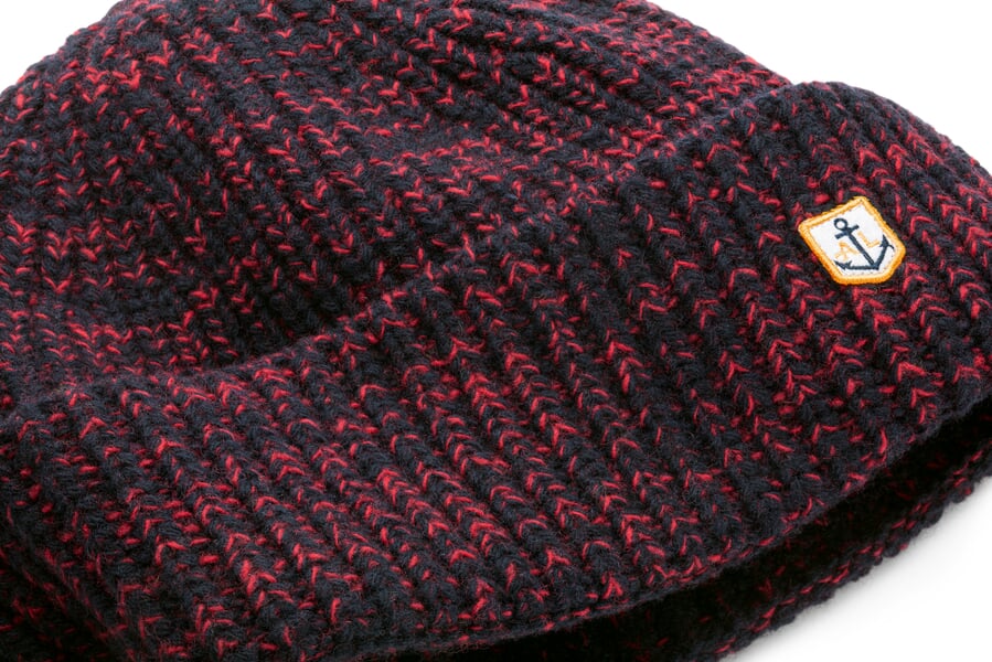 Herren-Strickmütze, Blau-Rot, Detailsicht
